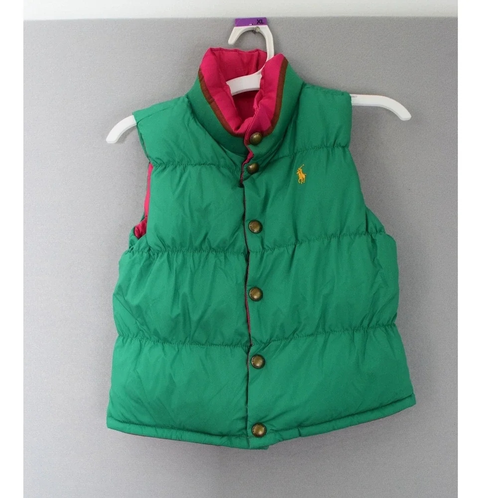 Ralph Lauren Reversible Puffer Vest Size S 7 Pink Green Down Crest Girls Kids